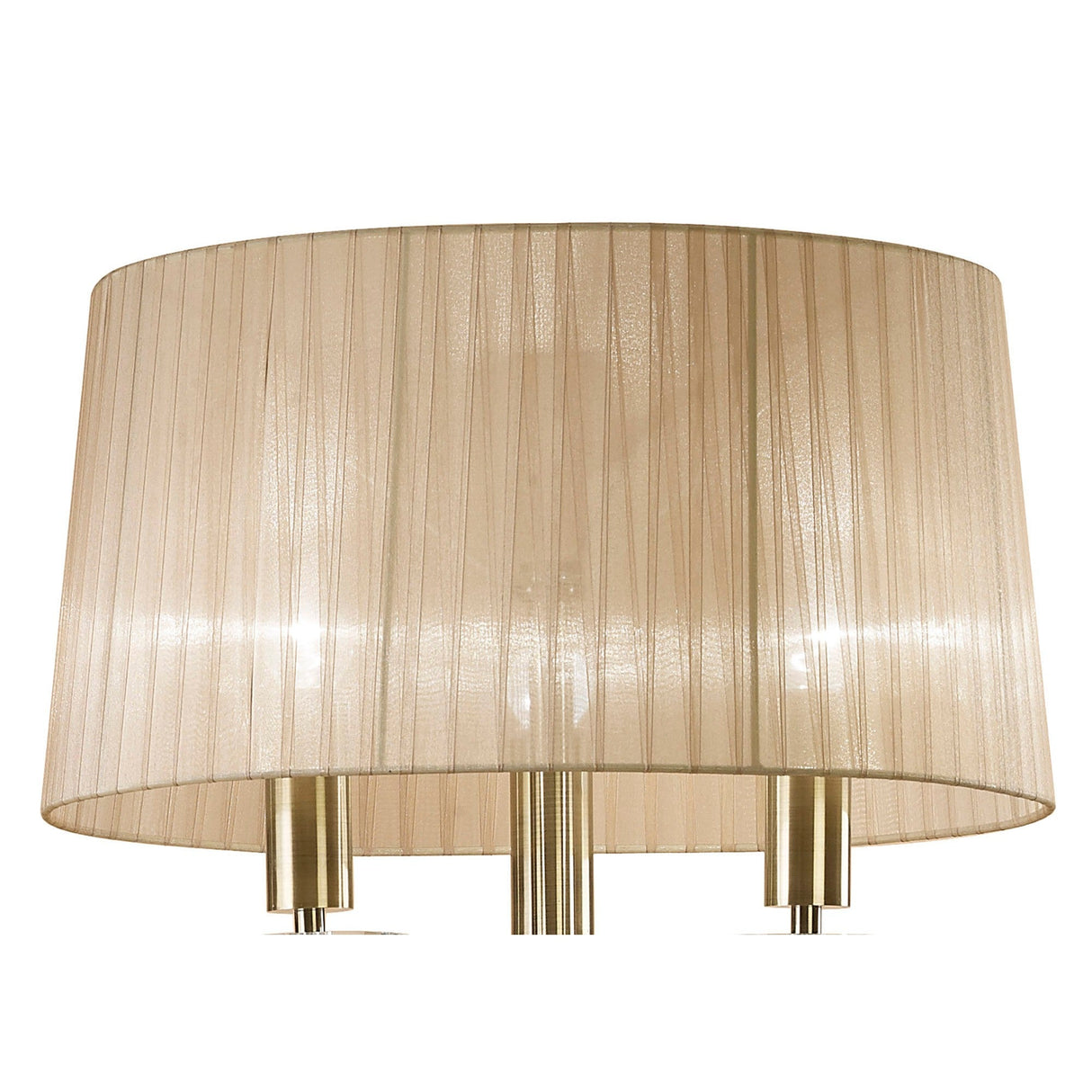 A close-up of the Tiffany 6 Light Crystal Floor Lamp in brass, featuring a large bronze shade and multiple visible metal fixtures, echoing an antique aesthetic.