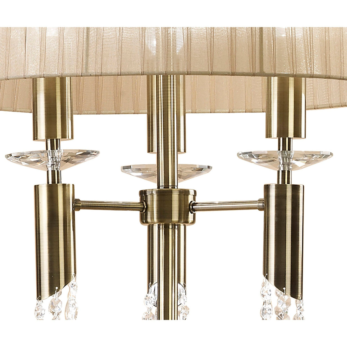 A close-up of the Tiffany 6 Light Crystal Floor Lamp in brass, featuring crystal accents, a bronze shade, and elegant crystal drops beneath each fixture.