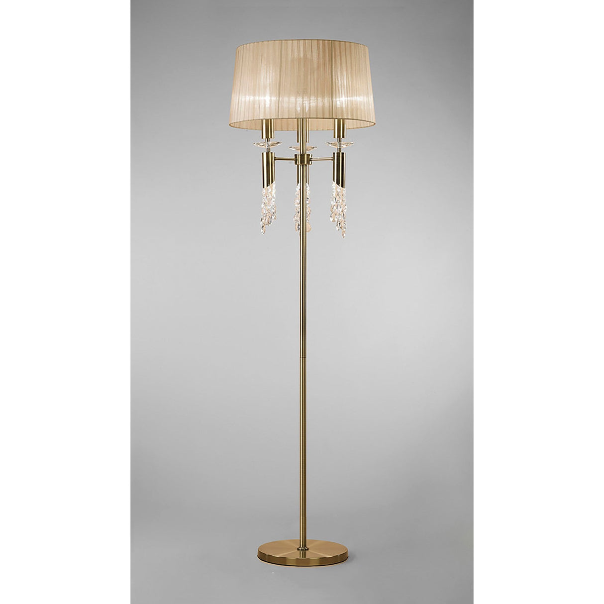 The Tiffany 6 Light Crystal Floor Lamp features a brass finish, bronze shade, slender pole, round base, and elegant hanging crystal accents beneath the shade. It stands against a plain gray background.