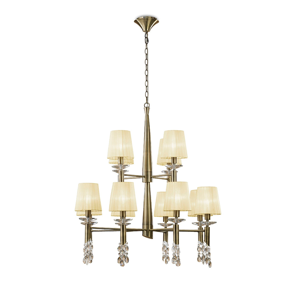 Tiffany 2 Tier 24 Light Crystal Chandelier - Brass With Cream Shades