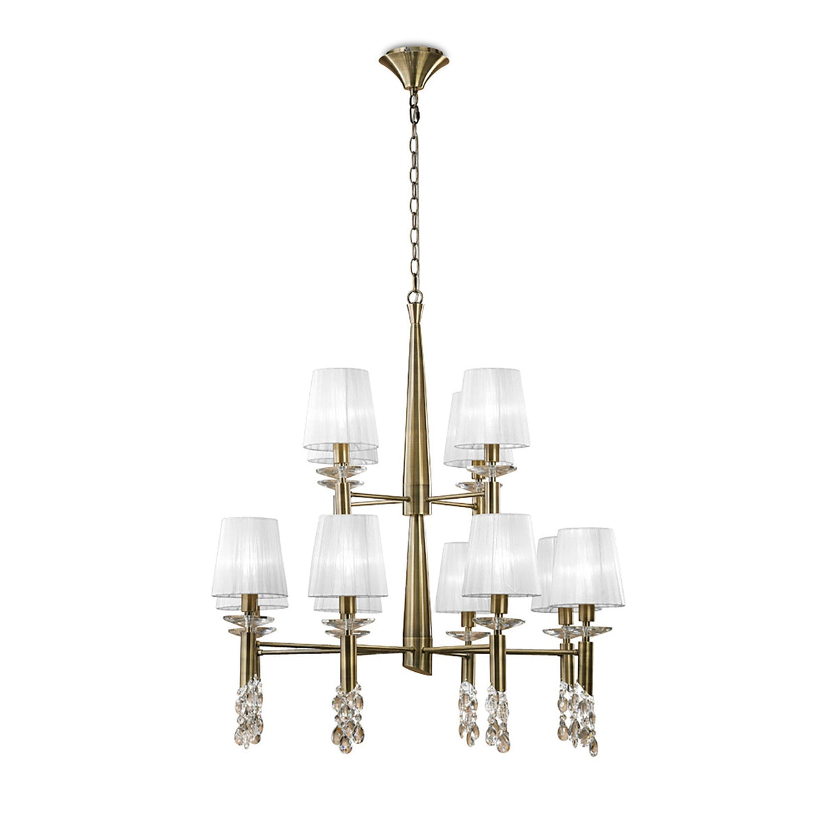 Tiffany 2 Tier 24 Light Crystal Chandelier - Brass With White Shades