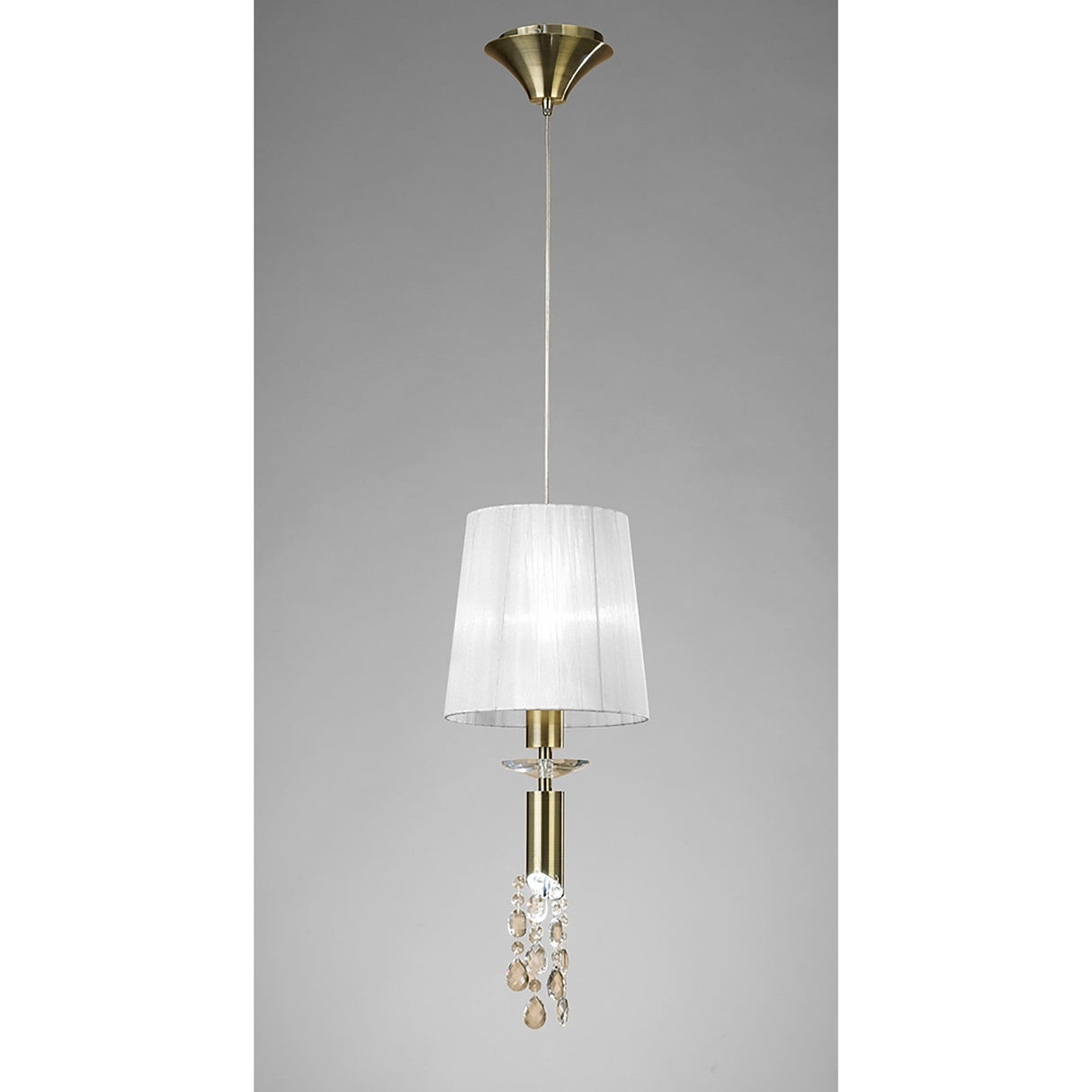 Tiffany 2 Light Crystal Pendant Light – Antique Brass With White Shade