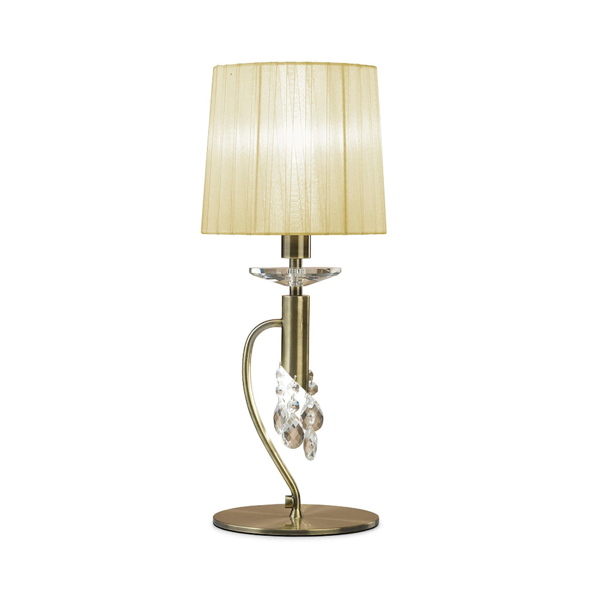 The Tiffany 2 Light Crystal Table Lamp features a brass base, cream shade, and elegant hanging crystal accents on a curved stem.