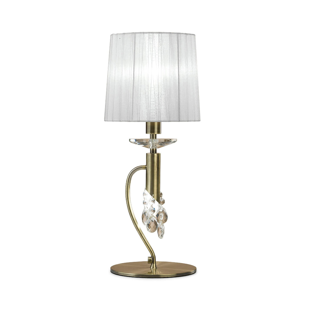 The Tiffany 2 Light Crystal Table Lamp features a brass base, curved stem, hanging crystal accents, and a white pleated shade, adding classic elegance to any room.