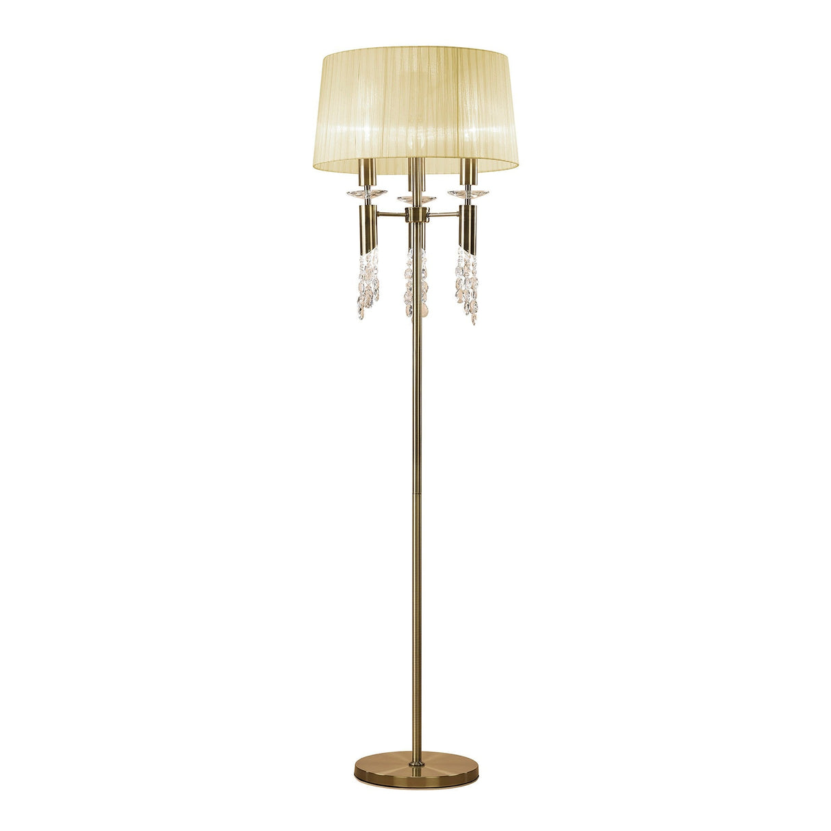The Tiffany 6 Light Crystal Floor Lamp in brass features a round base, cream pleated shade, and hanging crystal accents for an elegant look.