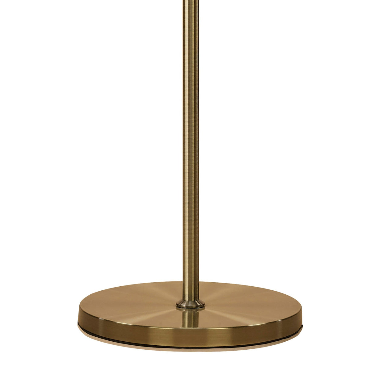 A close-up of the base of the Tiffany 6 Light Crystal Floor Lamp, featuring a round metallic brass bottom and a vertical pole extending upward, paired with a white shade.
