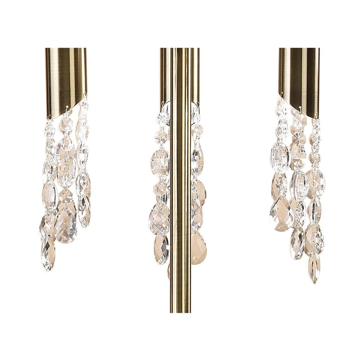 Close-up of three brass pendant lights with cascading clear crystal beads, reflecting the elegance of the Tiffany 6 Light Crystal Floor Lamp – Brass With White Shade, shown against a clean white background.