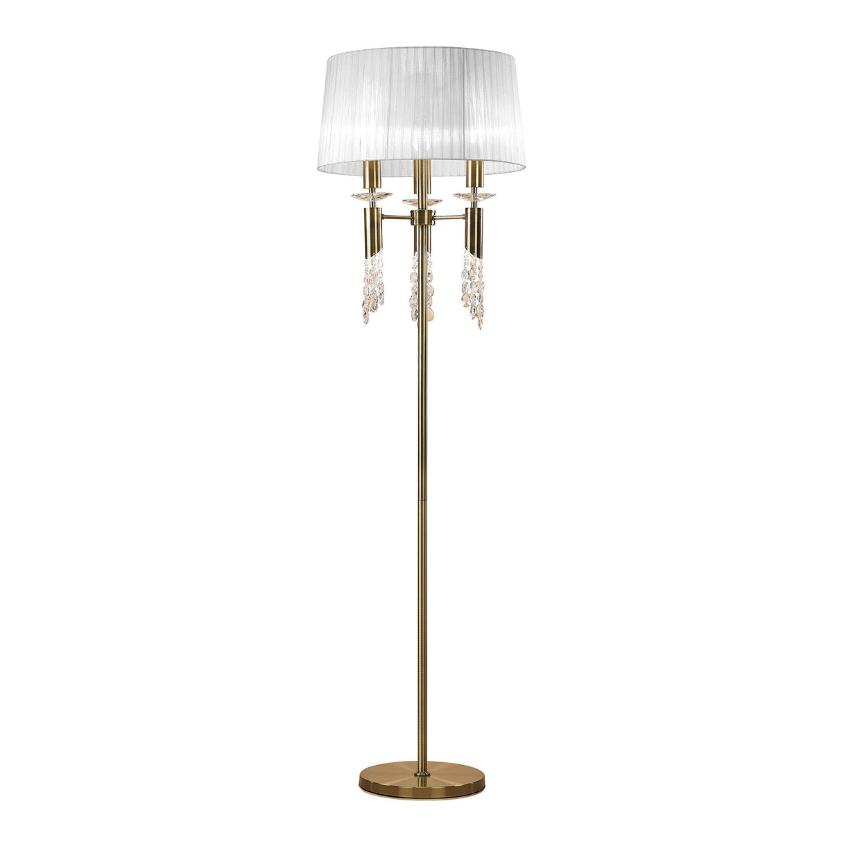 The Tiffany 6 Light Crystal Floor Lamp features a brass base and pole, white pleated shade, and elegant hanging crystal accents for a stylish, sophisticated look.