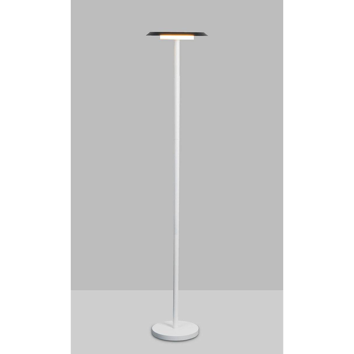 The Tina LED Floor Lamp 12W 3000K in white and black features a slim white stand, round base, and flat square black shade, providing soft ambient light against a simple gray backdrop.