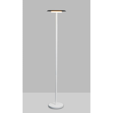The Tina LED Floor Lamp 12W 3000K in white and black features a slim white stand, round base, and flat square black shade, providing soft ambient light against a simple gray backdrop.