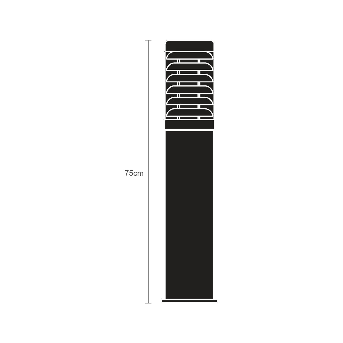 Quoin Steel Stainless Steel Outdoor Bollard Light, 75cm tall with a louvred lantern head on a slim square post, shown in black silhouette with height marker on a white background.