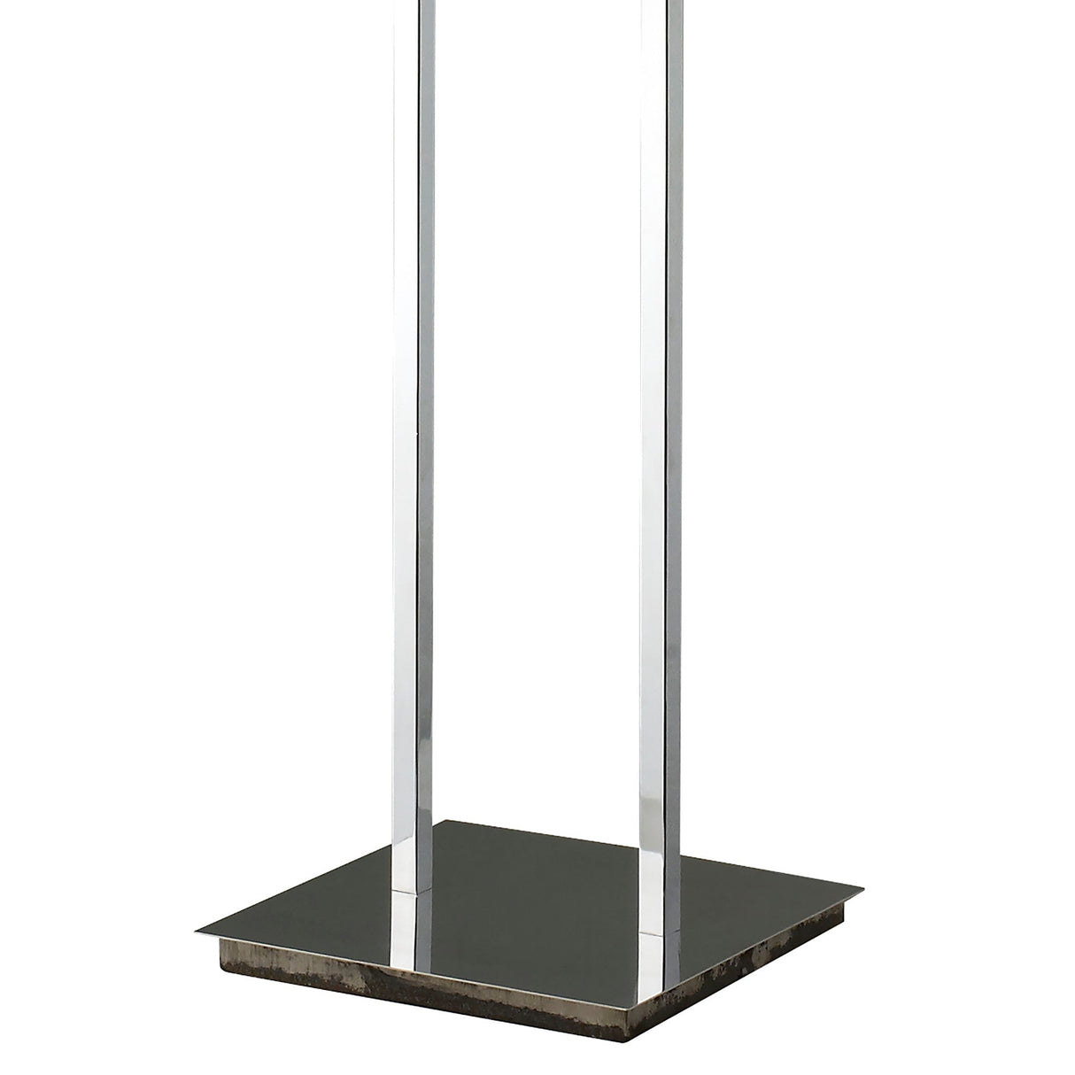 A close-up of the base of the Tokio 4 Light Floor Lamp - Gloss White & Polished Chrome, featuring two chrome rods on a sleek reflective platform—ideal for enhancing ambient lighting in any room.