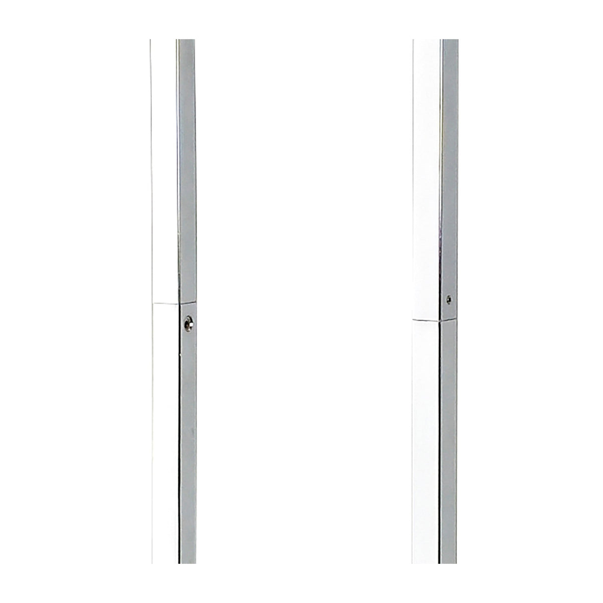 Two vertical poles in gloss white with polished chrome accents stand parallel against a plain white background, echoing the modern design of the Tokio 4 Light Floor Lamp for ambient lighting.