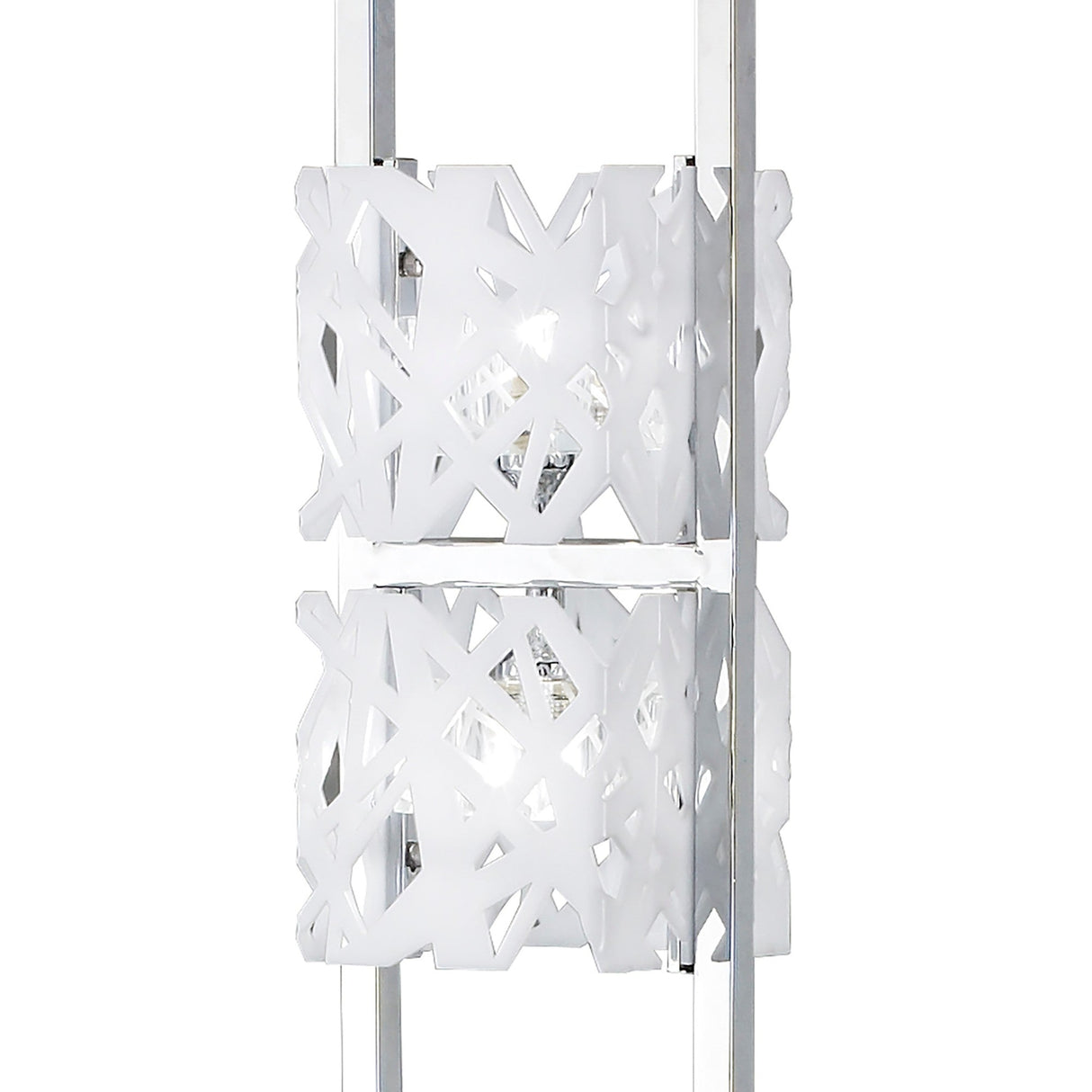 A close-up of the Tokio 4 Light Floor Lamp in gloss white and polished chrome, featuring two frosted glass shades with an abstract crisscross pattern—ideal for adding stylish ambient lighting to any space.