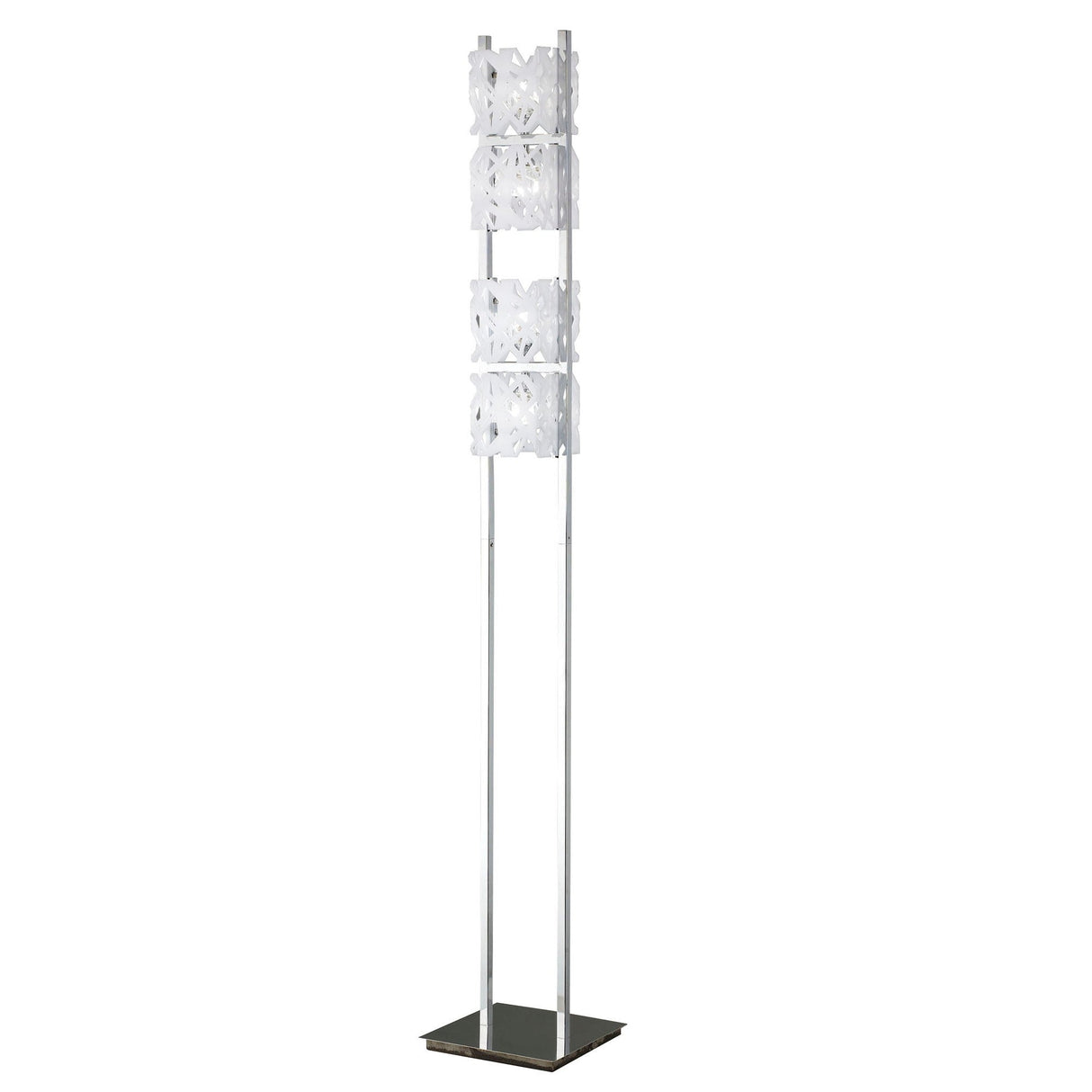 The Tokio 4 Light Floor Lamp - Gloss White & Polished Chrome features two slim metal poles, a square base, and three stacked white cube lampshades, making it ideal for adding ambient light to modern spaces.