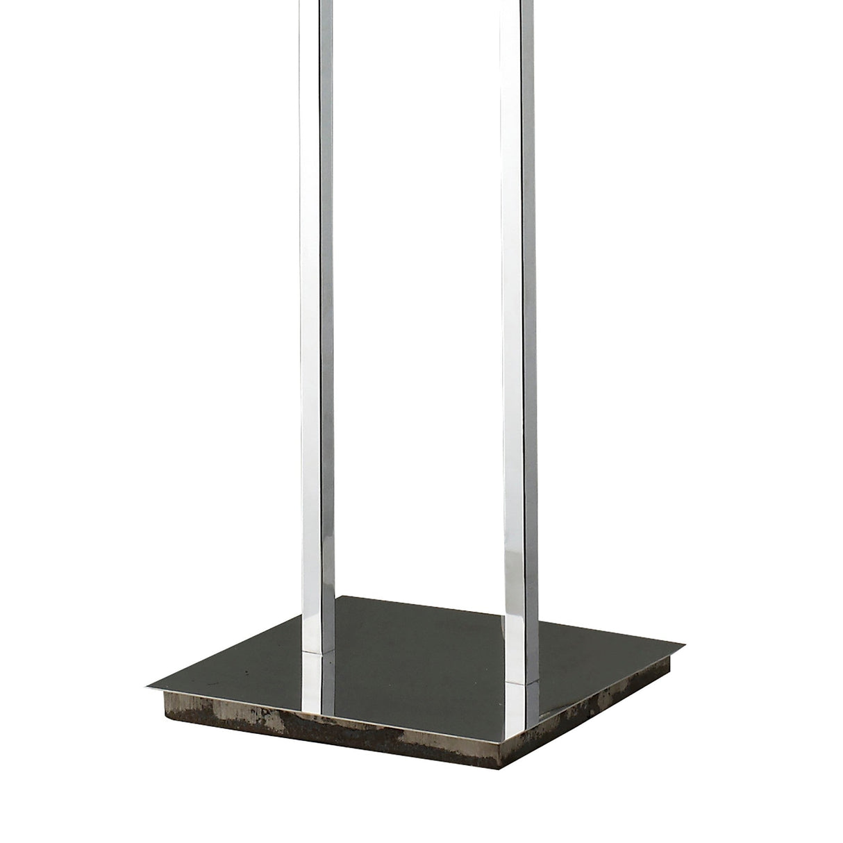 A close-up of the Tokio 4 Light Floor Lamp shows two vertical rectangular poles on a square, reflective base in gloss black and polished chrome against a plain white background, highlighting its modern, sleek design.