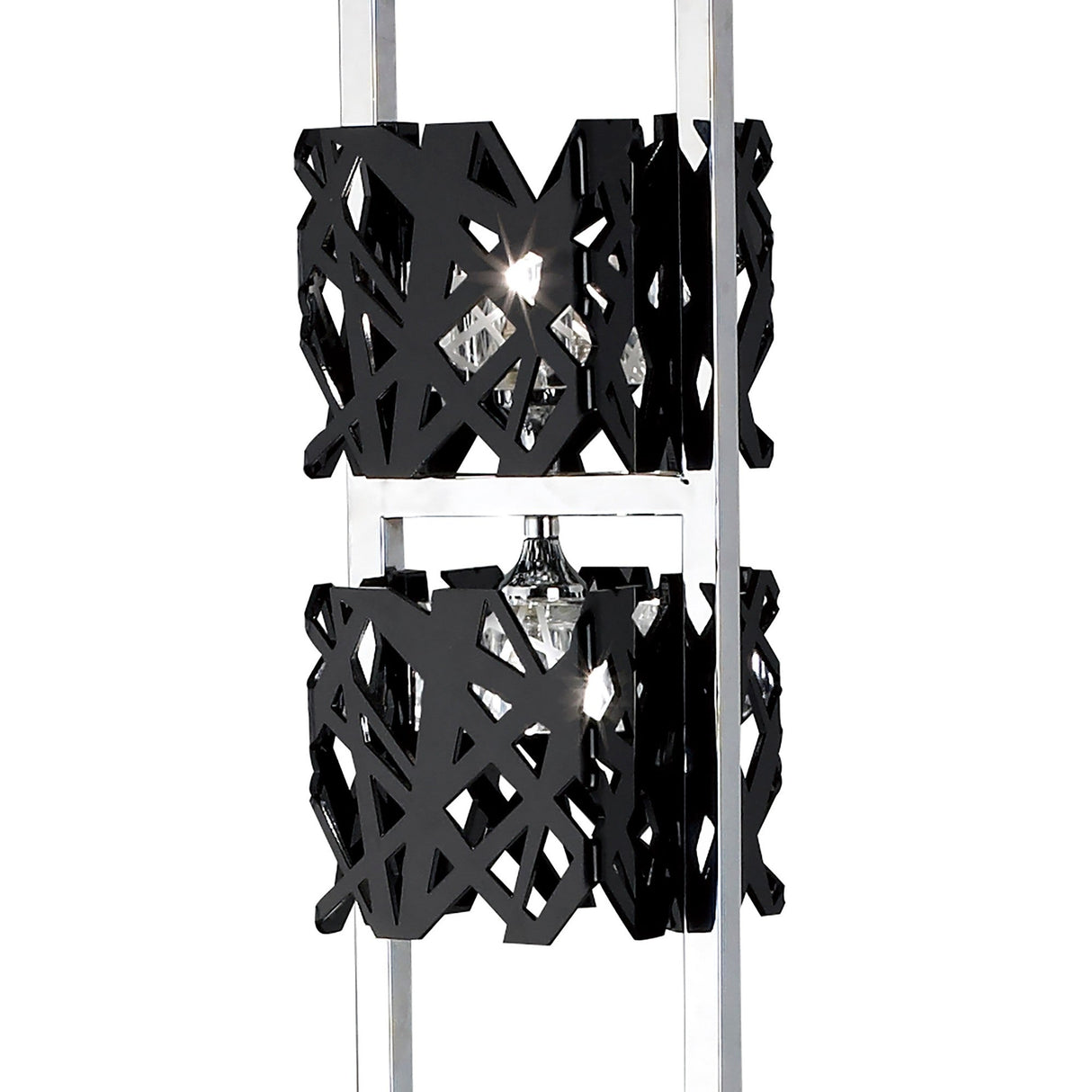 A close-up of the Tokio 4 Light Floor Lamp, featuring two gloss black geometric shades with abstract patterns and a polished chrome frame—each shade enclosing a glowing bulb, ideal for modern ambient lighting.