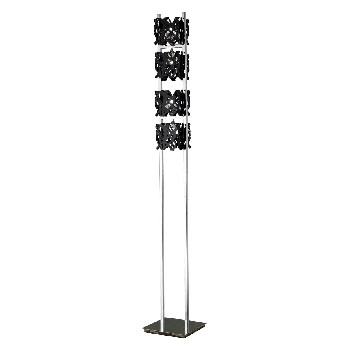 The Tokio 4 Light Floor Lamp in gloss black and polished chrome features three decorative cylindrical shades on slim metal poles and a square base, delivering modern ambient lighting—ideal as a contemporary accent for any room.
