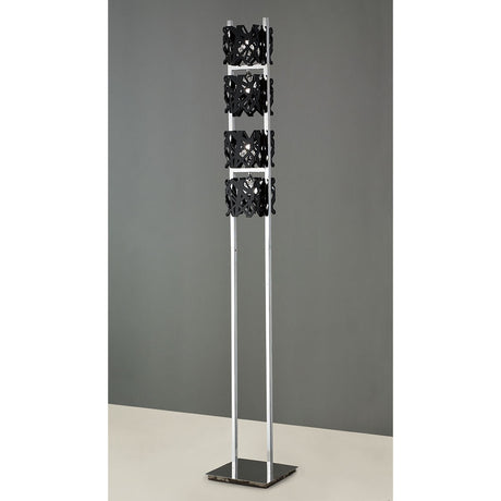 The Tokio 4 Light Floor Lamp – Gloss Black & Polished Chrome features a sleek chrome frame and three black cut-out shades, delivering modern ambient lighting with contemporary style.