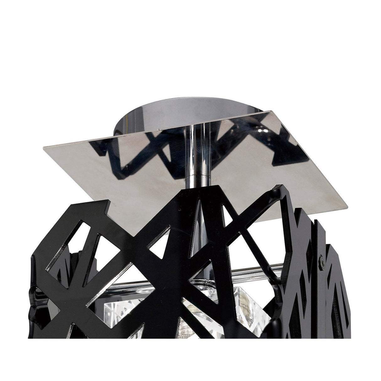 Mantra Tokio semi-flush ceiling light close-up showing the polished chrome square canopy above the laser-cut gloss black acrylic geometric cage.