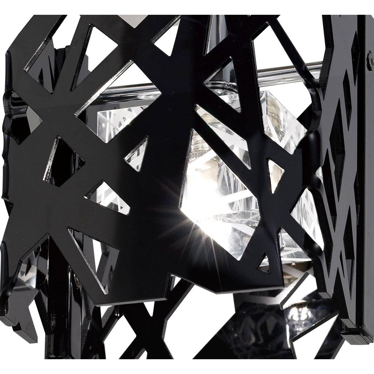 Close-up of Mantra Tokio semi-flush ceiling light showing laser-cut black acrylic cage, central crystal glass shade and polished chrome G9 fitting.