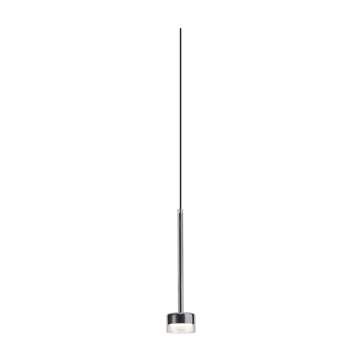 Mantra Tonic dimmable LED pendant light with polished chrome stem and clear glass disc shade, suspended from a black cable on a white background.