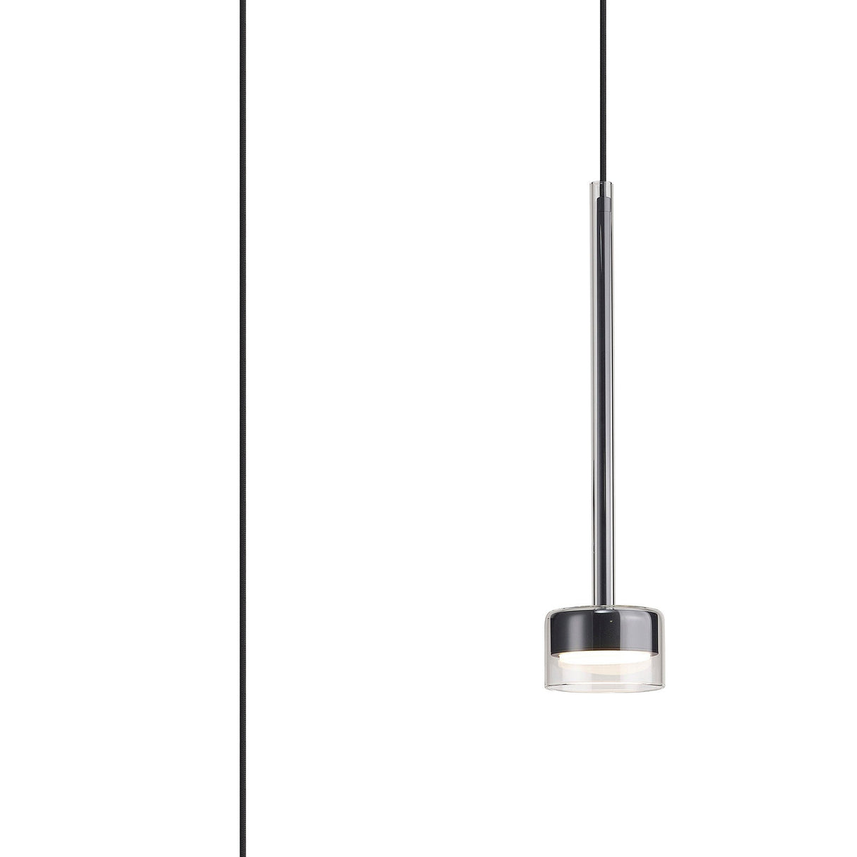 Mantra Tonic dimmable LED pendant light with chrome stem and clear glass shade suspended from a black cable on a plain white background.