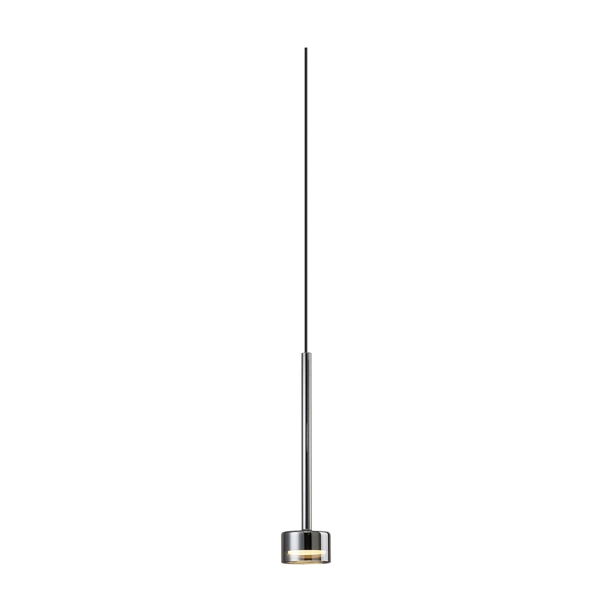 Mantra Tonic dimmable LED pendant light with a slim chrome stem and small cylindrical glass shade in polished chrome, shown on a white background.