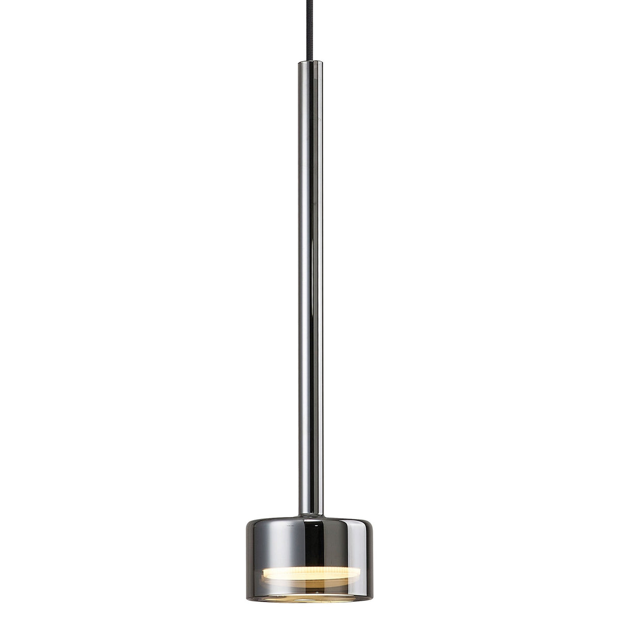 Mantra Tonic dimmable LED glass pendant light in polished chrome with slim stem and cylindrical shade on a white background.