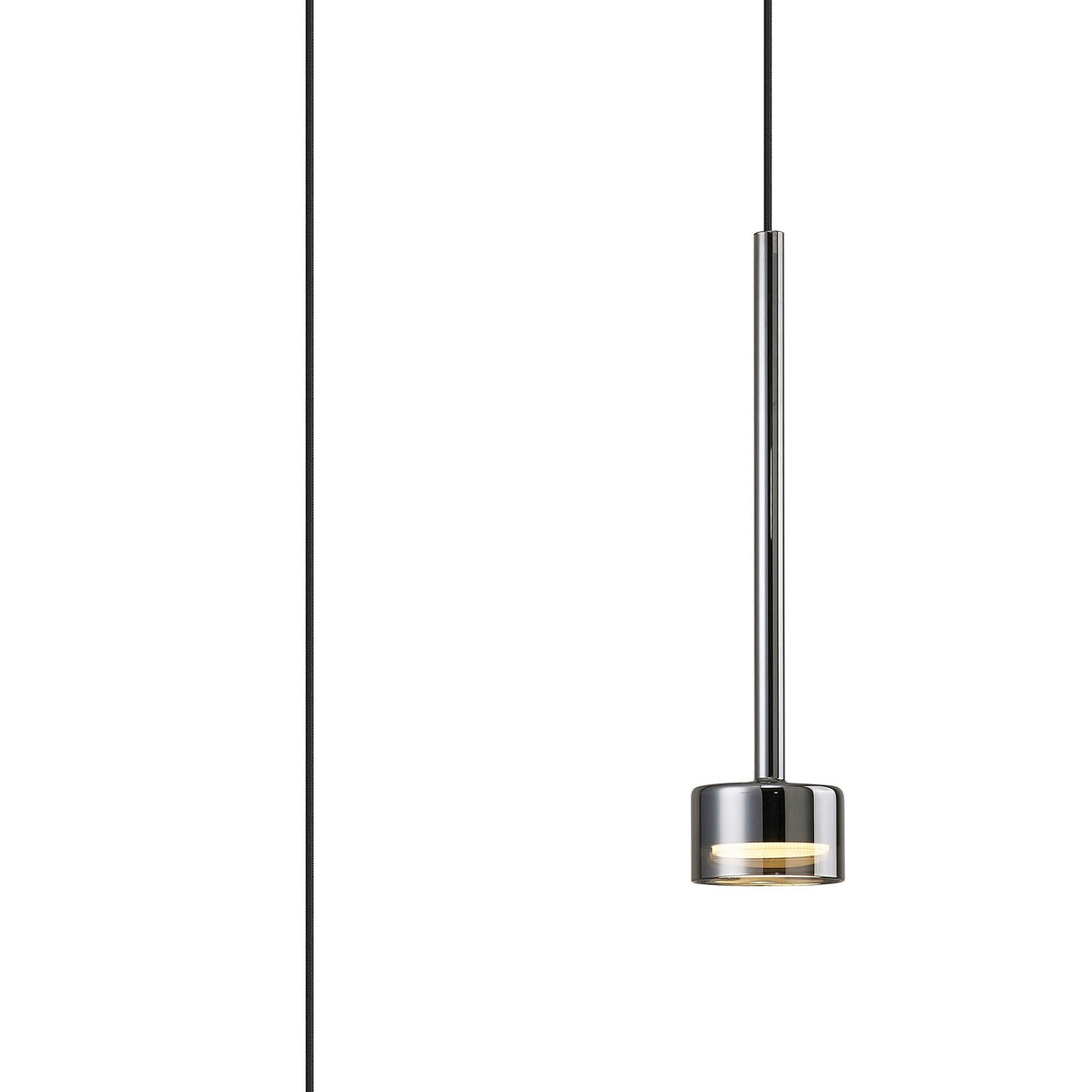 Mantra Tonic dimmable LED pendant light with cylindrical chrome glass shade and slim stem on a black cable, shown against a plain white background.
