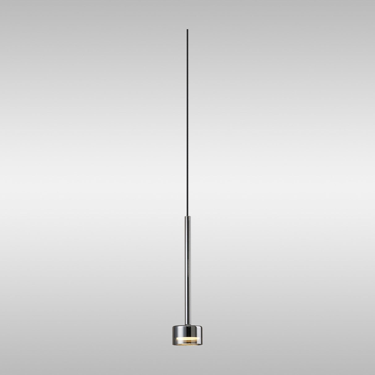 Mantra Tonic dimmable LED pendant light with polished chrome cylindrical shade and slender drop cable on a light grey background.
