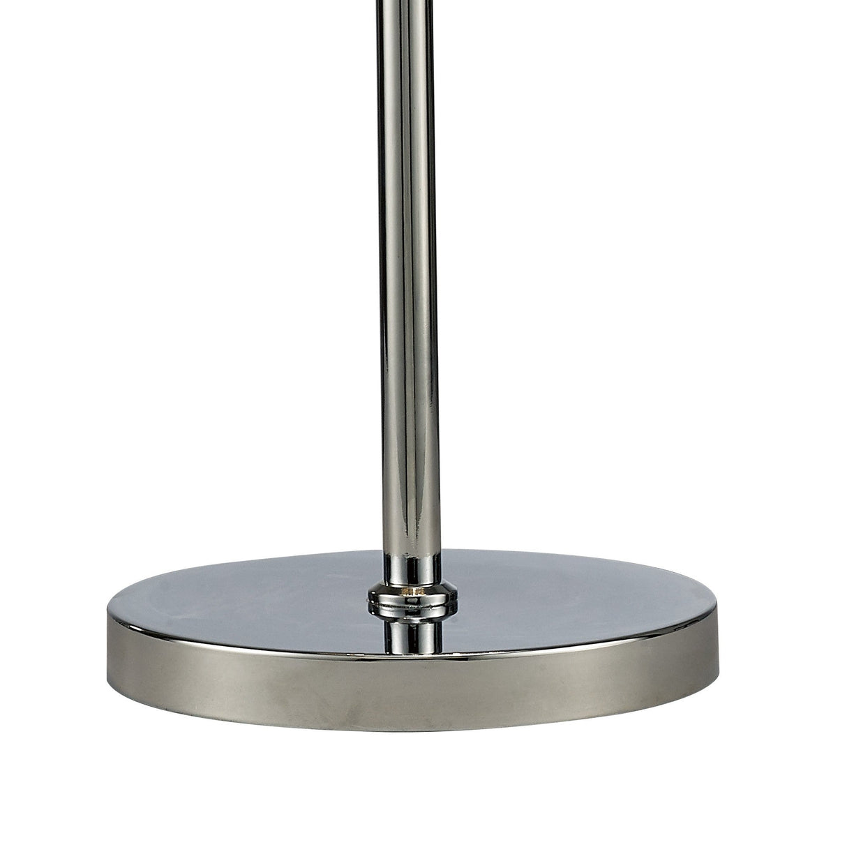 Close-up of the Torre 3 Light Crystal Table Lamp’s polished chrome base, featuring a cylindrical pole on a flat, round surface. This modern lamp shines elegantly against a plain white background.