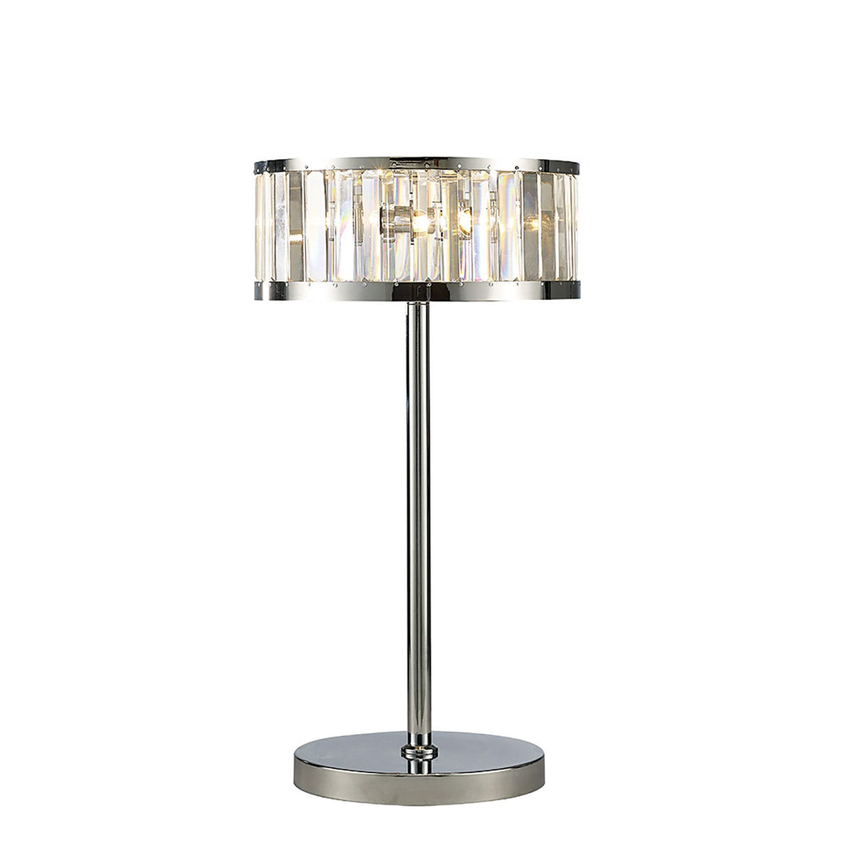 The Torre 3 Light Crystal Table Lamp features a polished chrome round base and stem, topped with a cylindrical shade made of vertical clear crystal panels that partially reveal the bulbs inside.