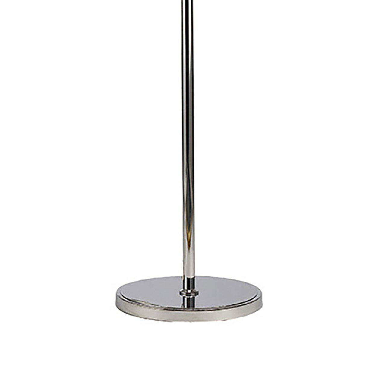 A close-up of the Torre 5 Light Crystal Floor Lamp’s polished chrome base, featuring a shiny round platform and vertical pole. Set against a plain white background, it highlights the lamp's modern design perfect for ambient lighting.