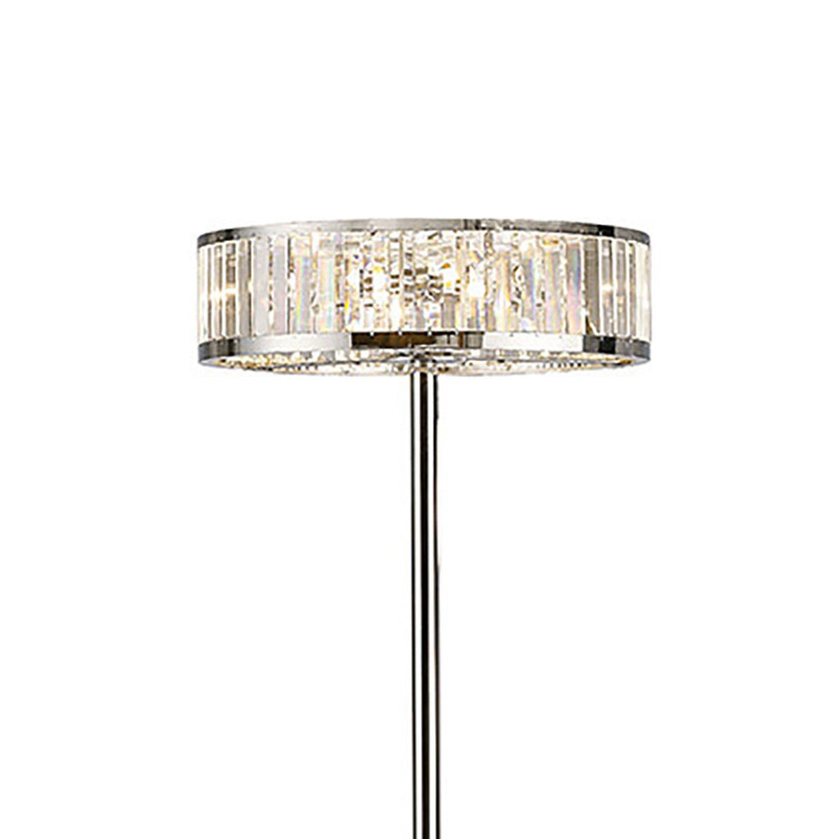 The Torre 5 Light Crystal Floor Lamp features a polished chrome stand and a drum-shaped shade with clear crystal panels, creating elegant ambient lighting, shown illuminated against a white background.
