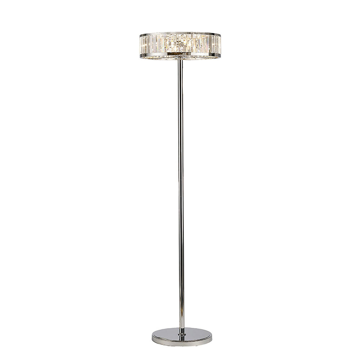 The Torre 5 Light Crystal Floor Lamp in polished chrome features a slim pole, round base, and a drum shade adorned with clear crystal accents for elegant ambient lighting.