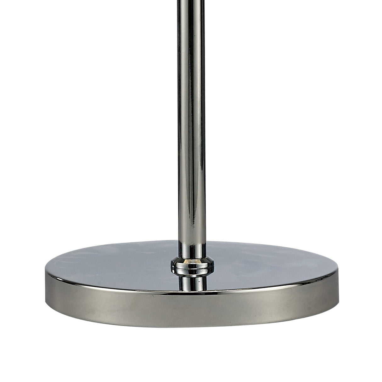 A close-up of the Torre 3 Light Crystal Curtain Table Lamp's shiny, round polished chrome base with a central vertical pole. The reflective surface enhances its elegant look, characteristic of this stylish lamp.