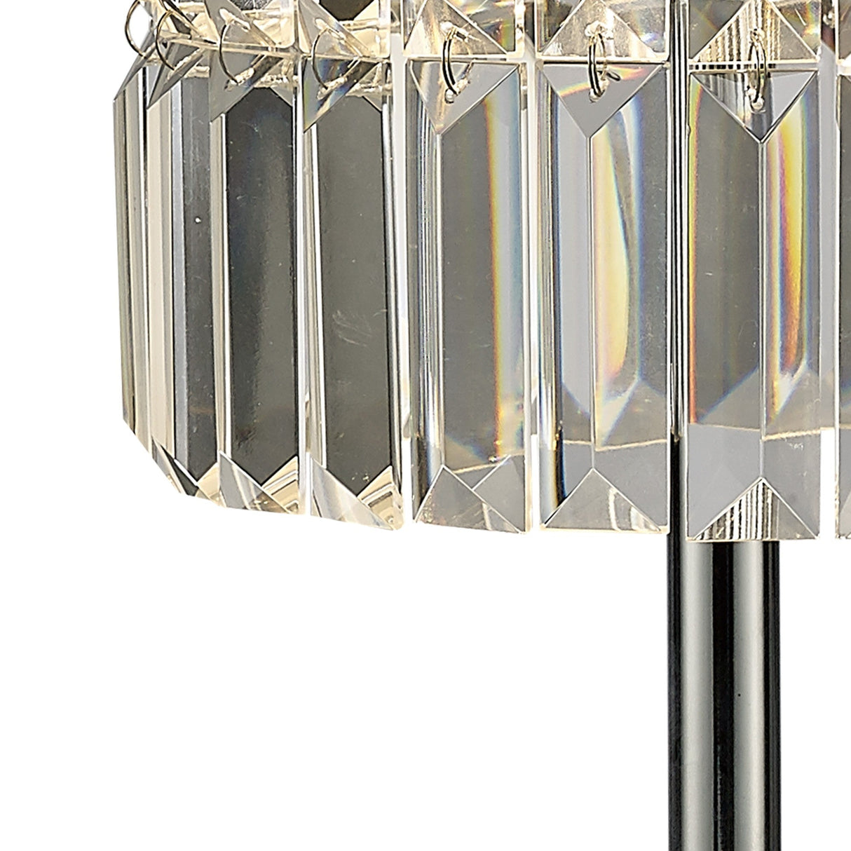 A close-up of the Torre 3 Light Crystal Curtain Table Lamp, showcasing rectangular clear crystal prisms hanging from the shade by metal hooks and supported by a polished chrome stand.