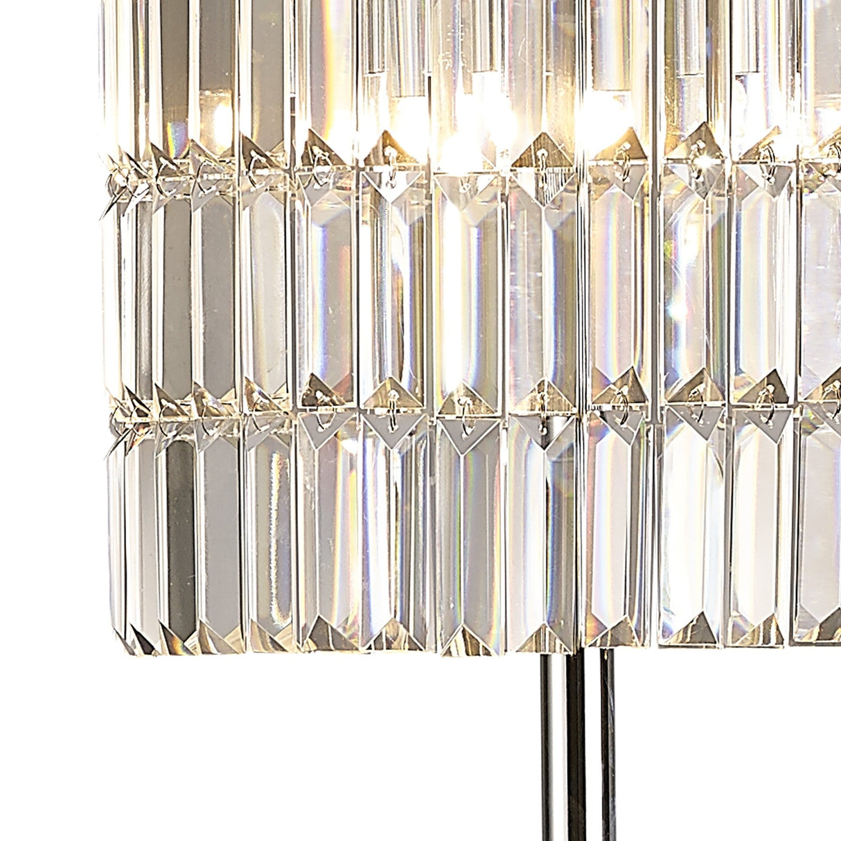 Close-up of the Torre 5 Light Crystal Curtain Floor Lamp in polished chrome, featuring vertical, rectangular crystal prisms that create sparkling reflections for a luxurious and elegant statement piece.