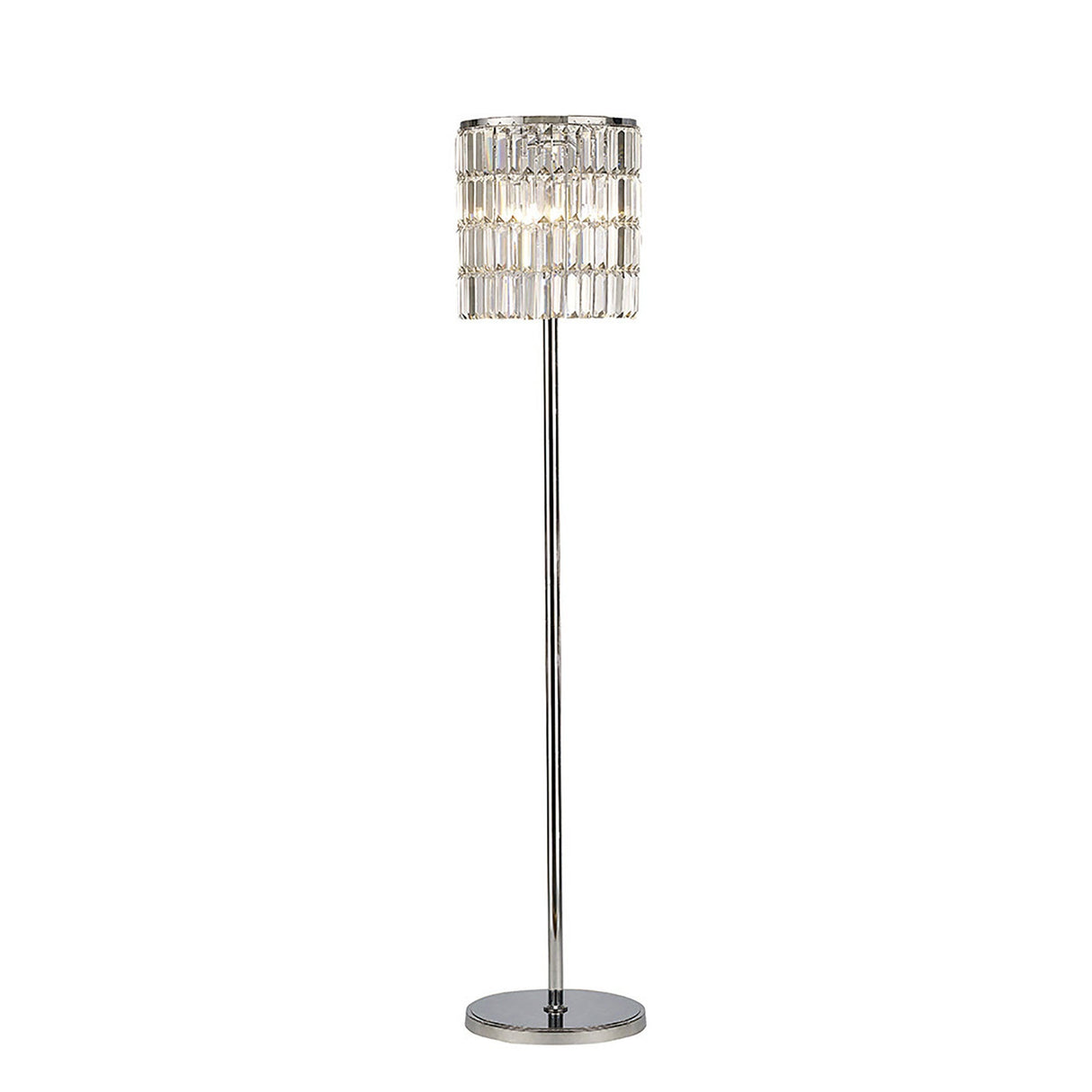 The Torre 5 Light Crystal Curtain Floor Lamp features a polished chrome base and a shade accented with rectangular crystal prisms, making it perfect statement lighting for any stylish, elegant space.