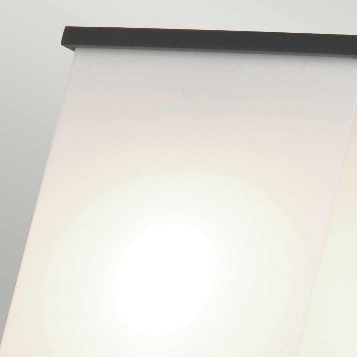 Close-up of the Torsten 1 Light Outdoor Large Wall Light, featuring a minimalist design with a frosted white shade. Its graphite finish adds elegance while emitting a soft, diffuse glow against a plain background.