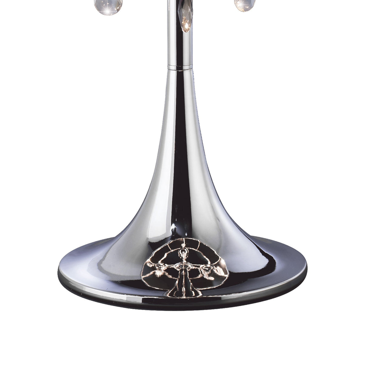 The Trace 3 Light Crystal Table Lamp features a sleek chrome base with intricate detailing and a sophisticated chrome shade, combining modern elegance with decorative accents.