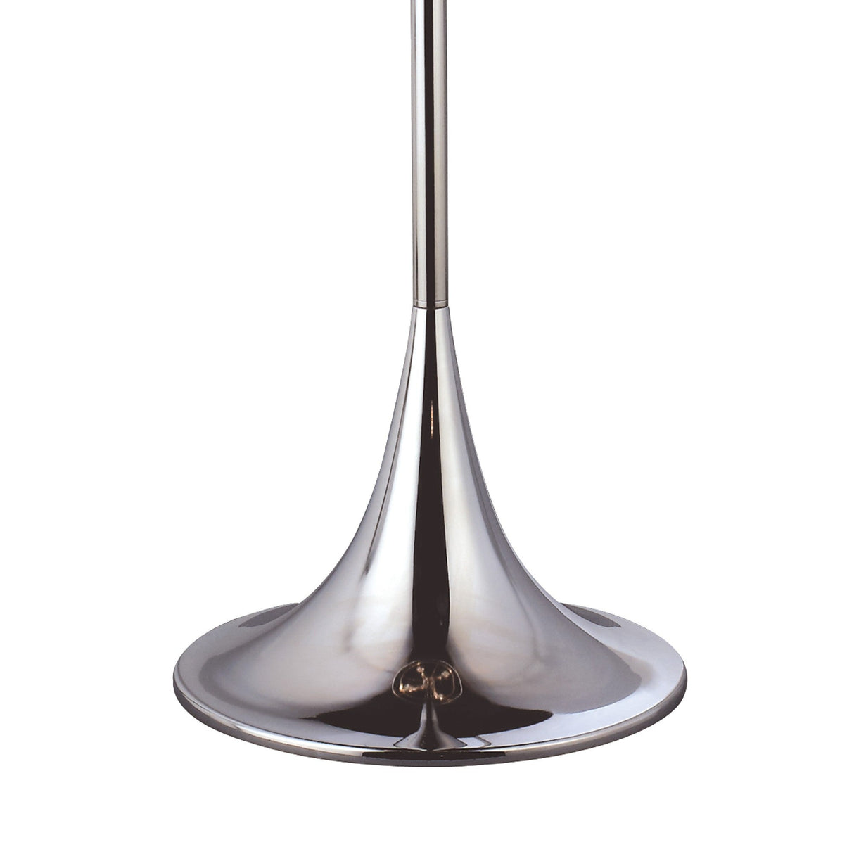 The image features the Trace 4 Light Crystal Floor Lamp in chrome with a chrome shade, showcasing its sleek, reflective base and elegant, trumpet-like shape—an ideal addition to modern interiors.