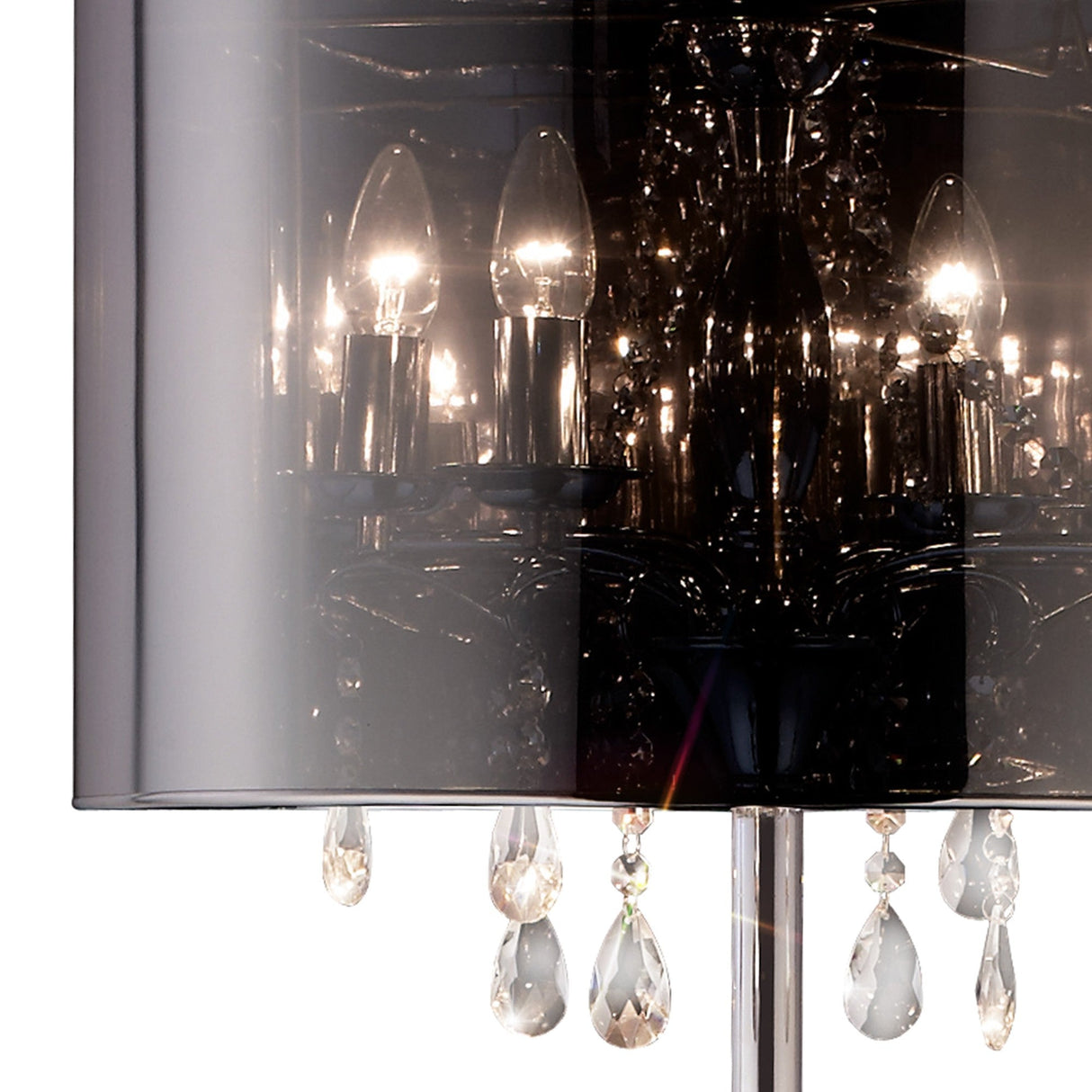 Close-up of the Trace 4 Light Crystal Floor Lamp featuring a chrome base, chrome shade, crystal droplets below, and multiple illuminated bulbs reflected inside.