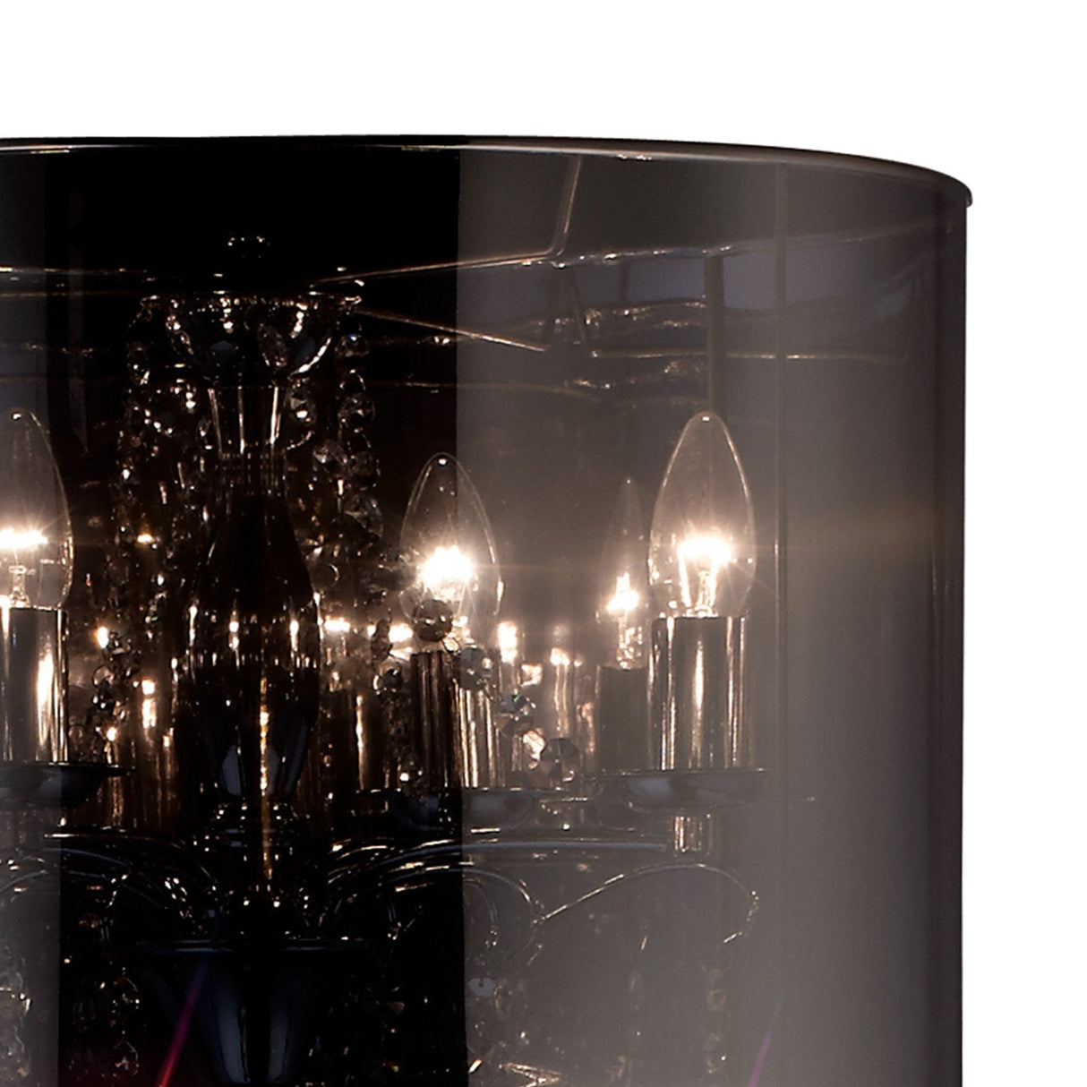 Close-up of the Trace 4 Light Crystal Floor Lamp in chrome, featuring multiple lit bulbs partially obscured by a cylindrical chrome shade for a blend of classic elegance and modern style.
