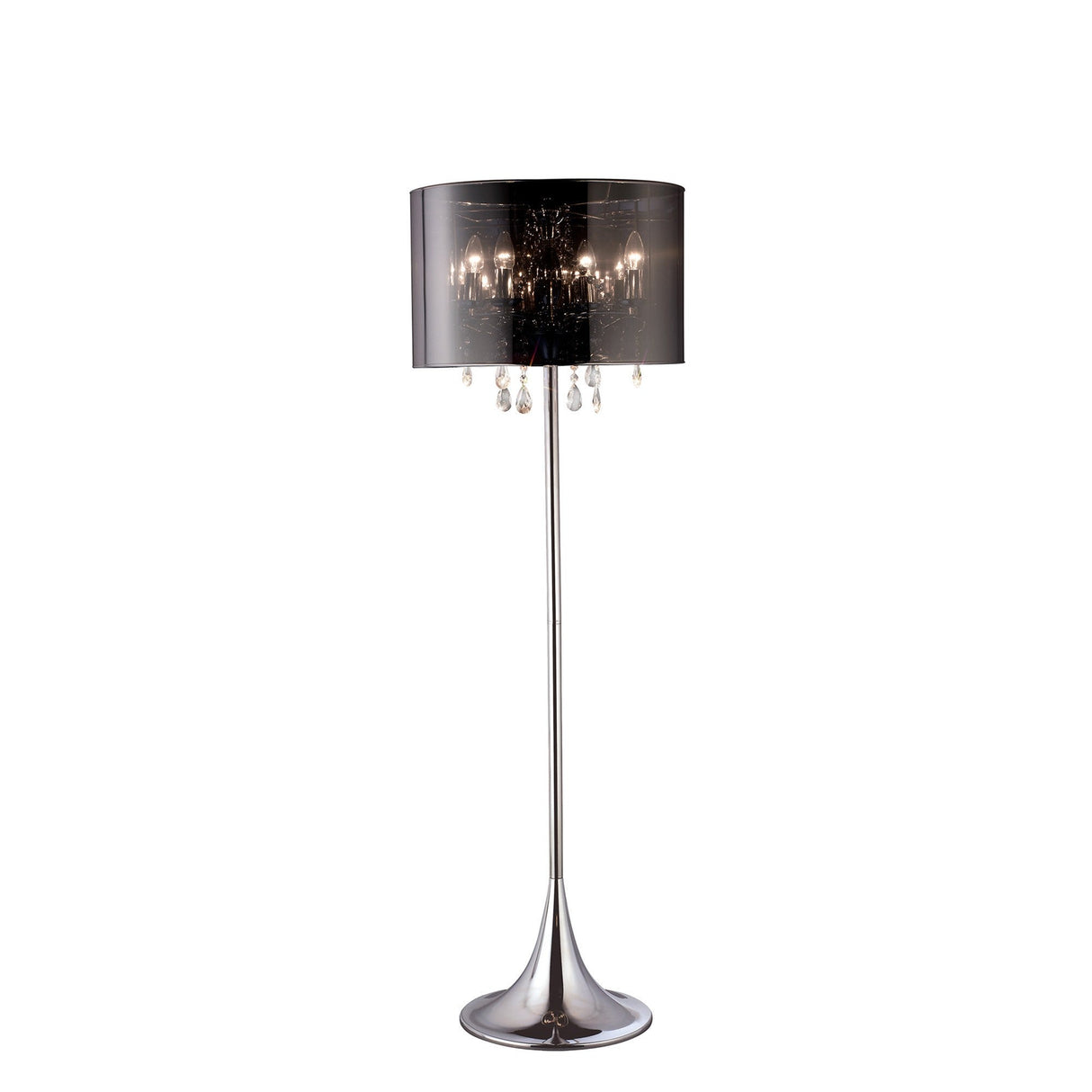 The Trace 4 Light Crystal Floor Lamp features a chrome finish, chrome shade, slender pole, and hanging crystal pendants beneath the shade for elegant modern lighting.