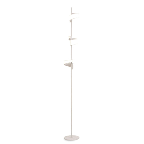 The Tsunami LED Floor Lamp 36W 3000K in Sand White is a tall, slim floor lamp with a spiral design and three angled lampshades on a round base—ideal for modern ambient lighting.