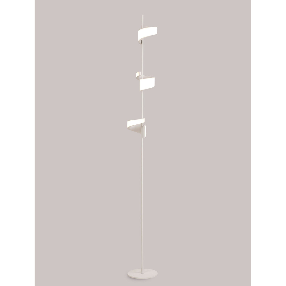 The Tsunami LED Floor Lamp 36W 3000K in Sand White features three curved adjustable heads on a sleek pole with a round base, ideal for modern ambient lighting, shown against a plain light gray background.