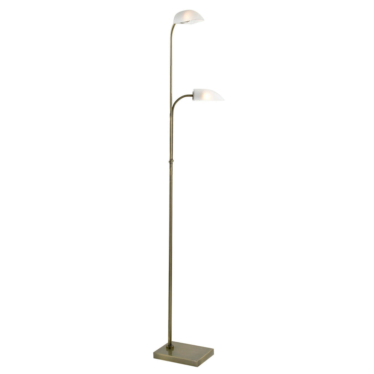 The Udine 2 Light Frosted Glass Floor Lamp in satin chrome features a sleek metallic stand, rectangular base, and two curved arms holding frosted glass shades at staggered heights for a modern look.