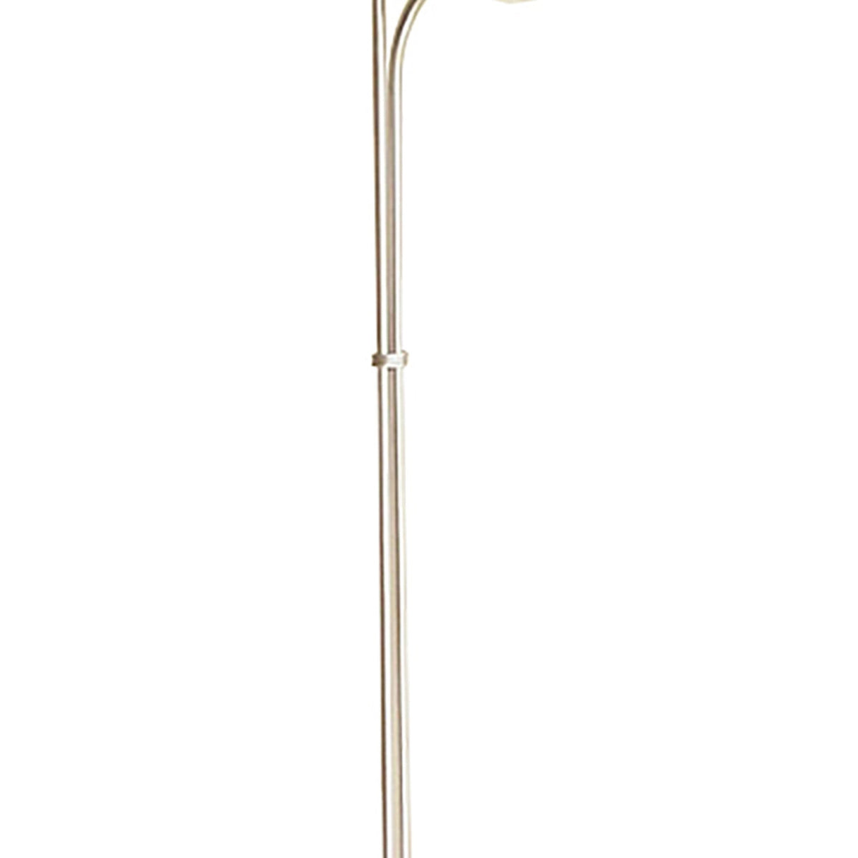 The Udine 2 Light Frosted Glass Floor Lamp in satin chrome features a slim, arched stand with two frosted glass shades for a modern touch.